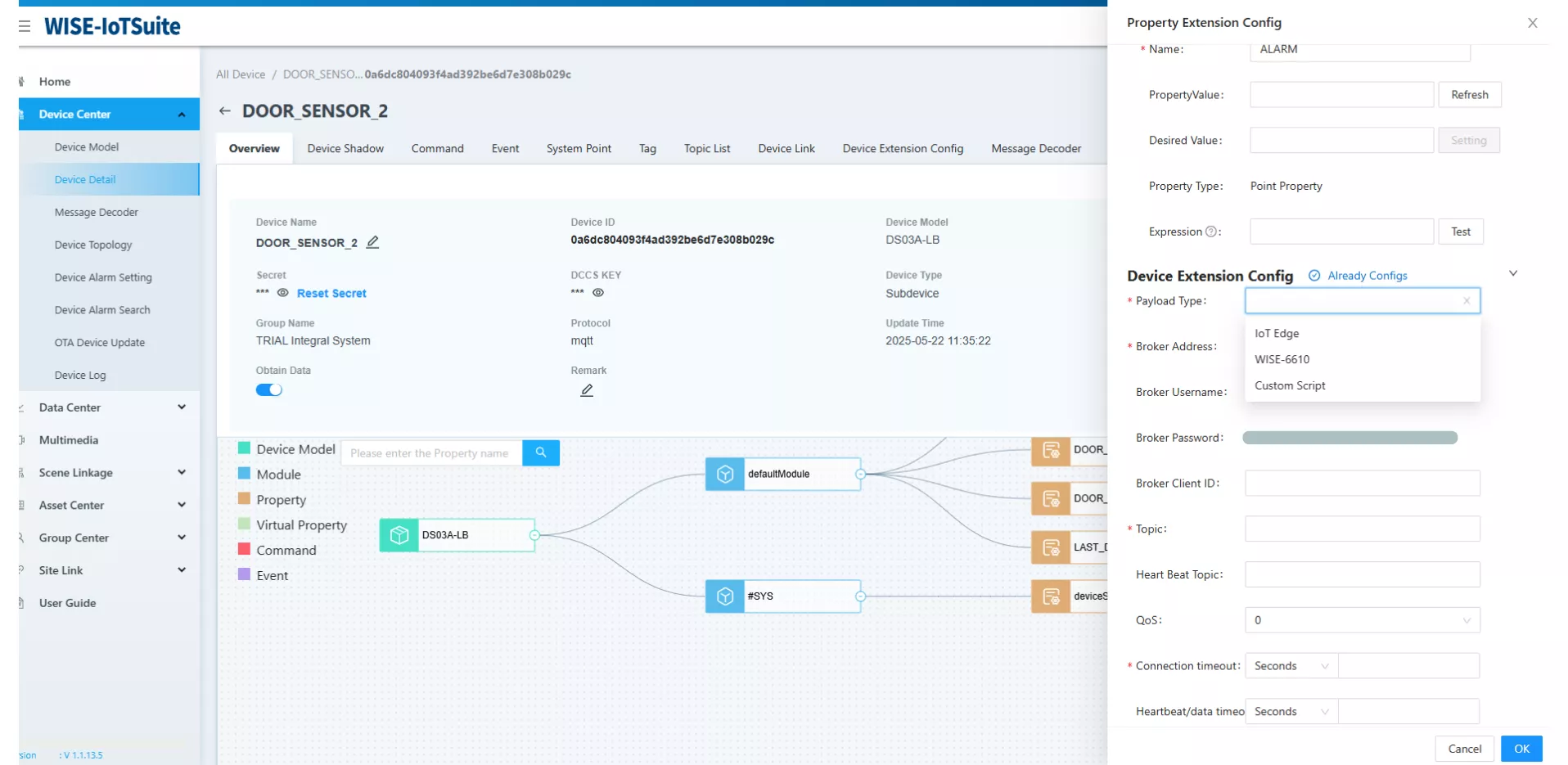 Payload type modification screen in IoTEdge