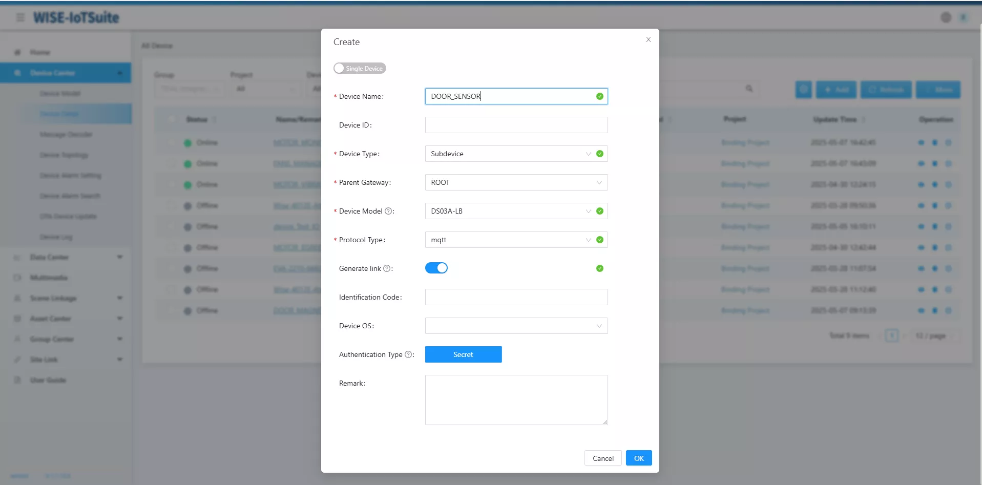 Device detail creation screen in IoTEdge